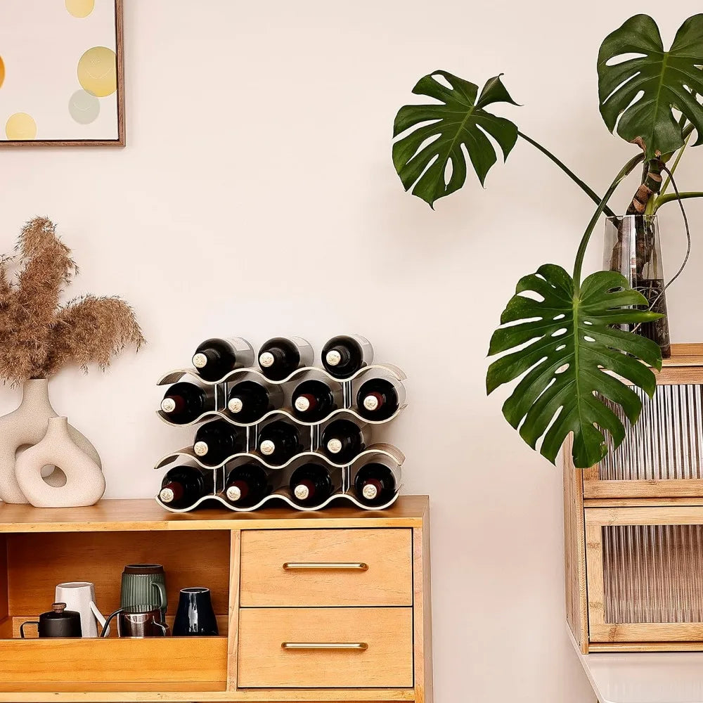 Four-tier freestanding wooden wine rack for 14 bottles - wavy design storage organizer - united states / wood - wine