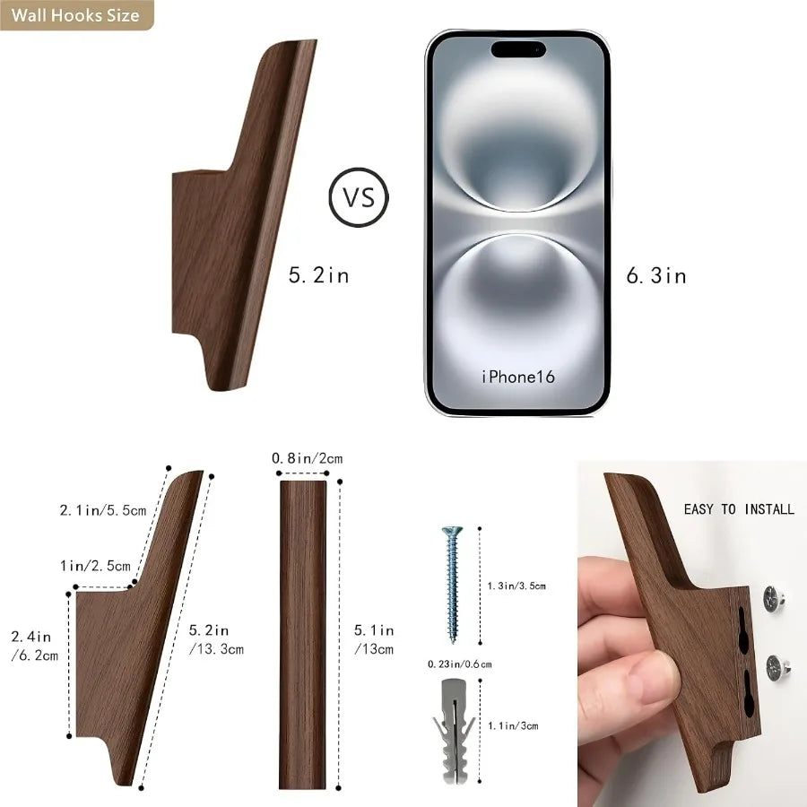 Wooden wall hooks 4 pack mounted walnut for hanging hat towel bag backpack decorative wood heavy duty hook fo - united