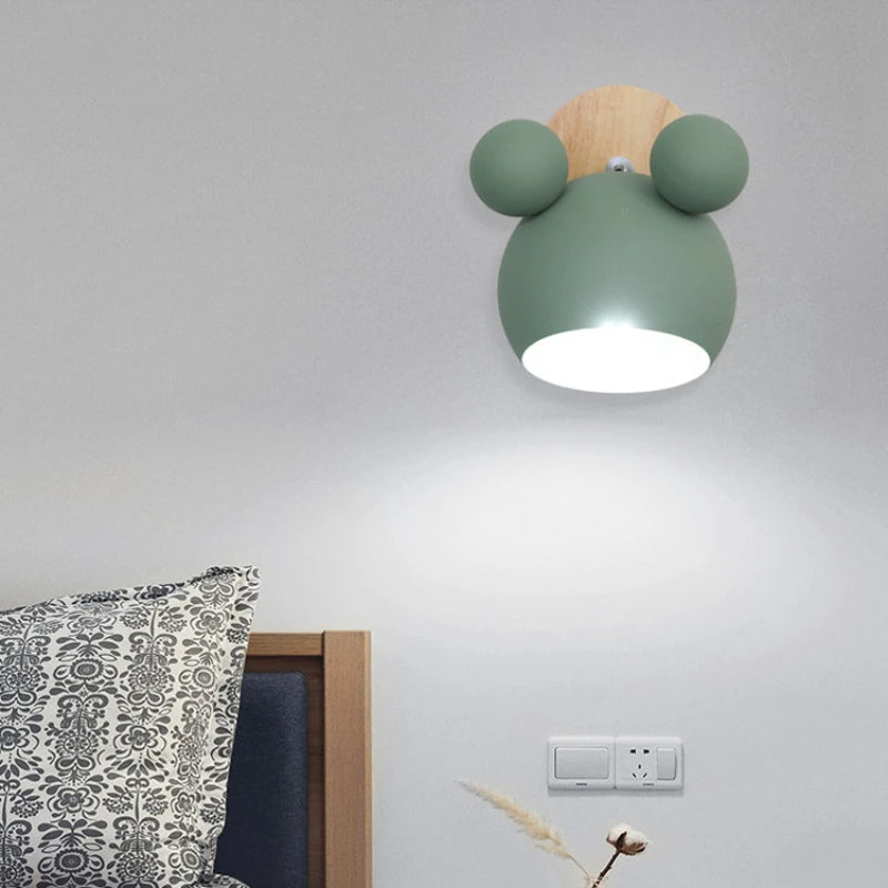 Nordic creative macaron simple personality bedroom mickey cartoon warm children’s room bedside lamp wooden wall