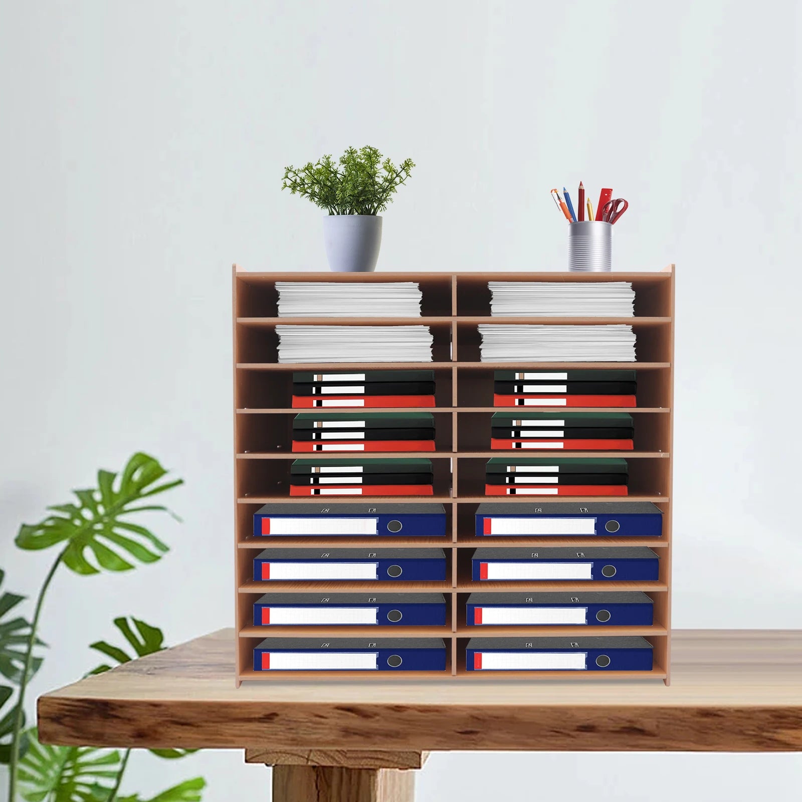 White wood office file literature organizer on desk floor large classroom mailbox center keeper for document storage