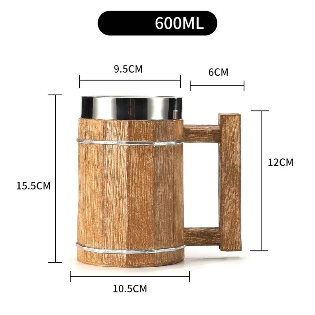 Viking wood style beer mug 3d resin stainless steel coffee cup wine glass metal double wall jug thermal - square wooden