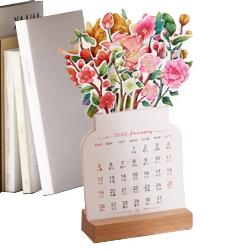 Bloomy flower desk calendar wooden frame creative mini decorative ornaments notebook supplies 2025