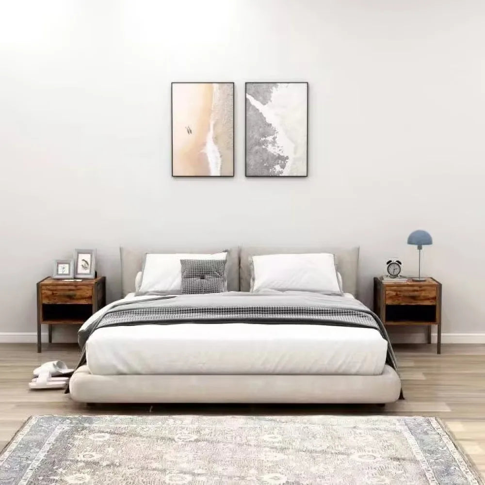 Set of 2 pcs nightstand industrial style rustic brown and black color add a classic simple cool feeling to your room