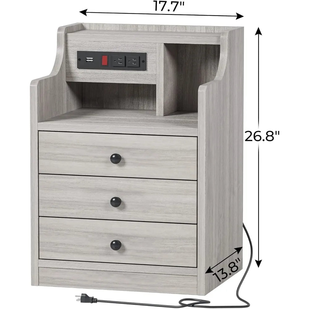 Nightstand with charging station night stand hutch & storage drawers end table side bedroom,