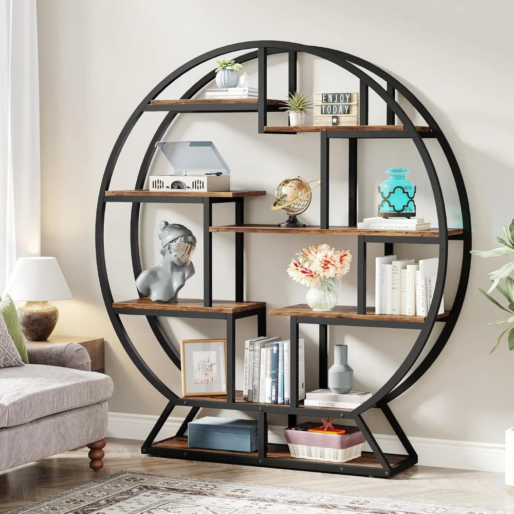 Bookshelf round bookshelves etagere bookcase 63 inch industrial wood book shelf with staggered shelves rustic open