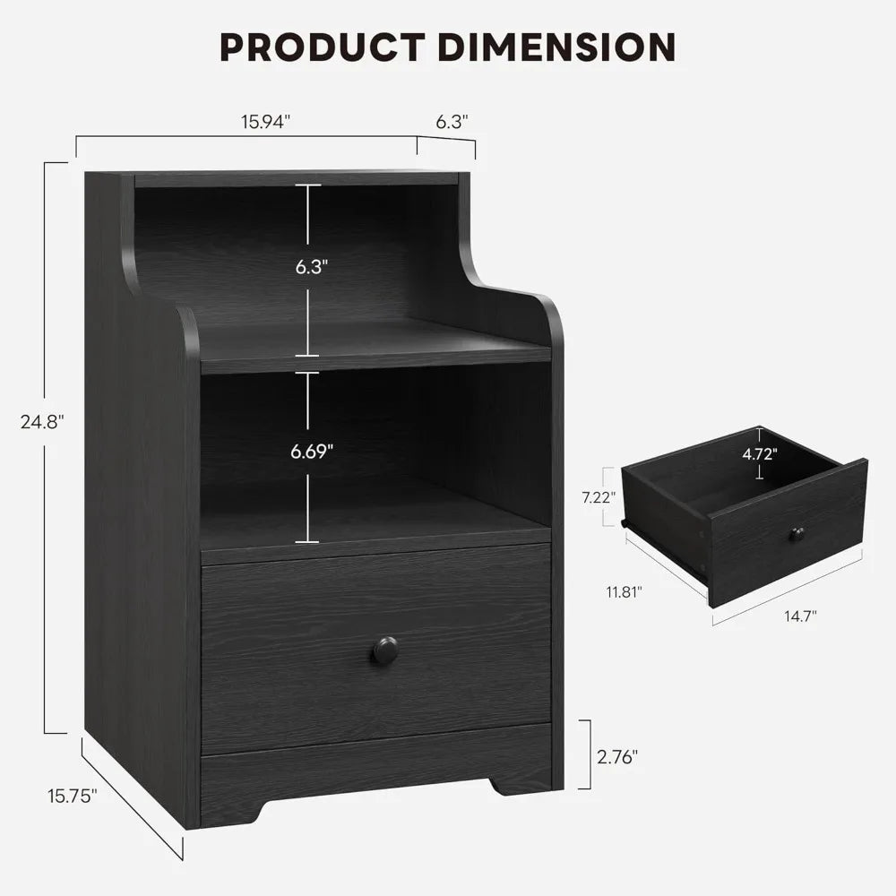 Nightstand with drawer and open shelf bedside table hutch modern end storage for bedroom