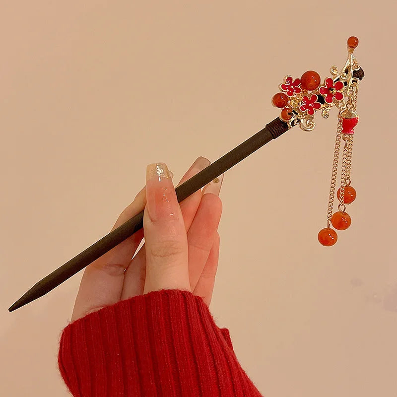 Red flower hairpin new chinese style wooden tassel hair stick ancient cheongsam hanfu women headwear - united states