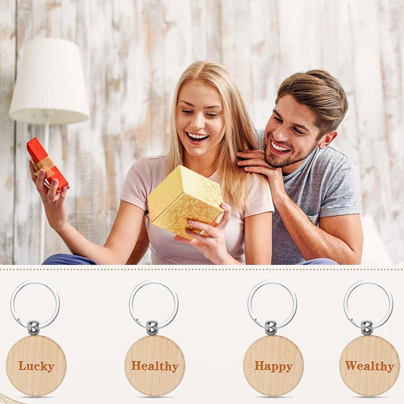 100pcs natural wood key chains round keyring for father mother ’s day gifts - wood - chain