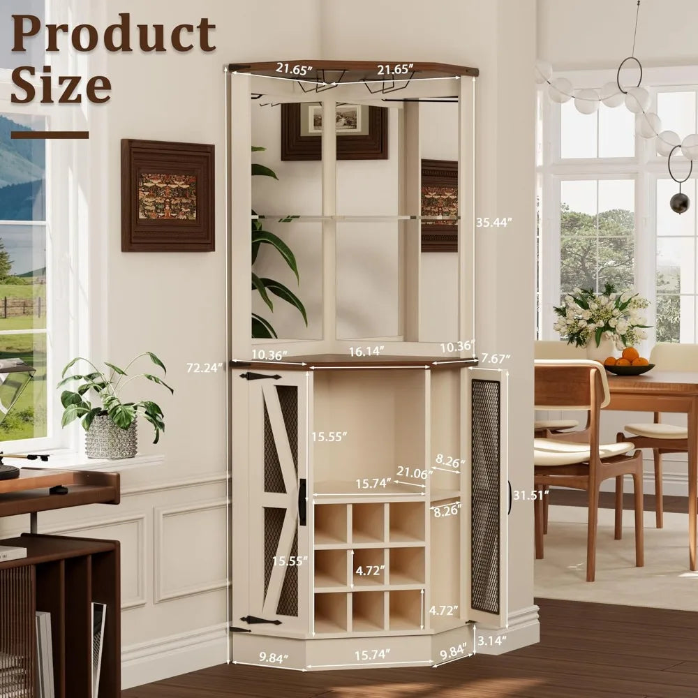 Farmhouse corner bar cabinet,modern wood freestanding wine with storage and holder tall hutch cabinet for home displ