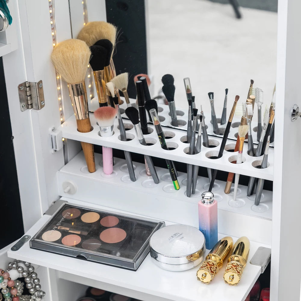 Non full mirror wooden wall hanging 3-layer shelf 2 drawers 17 cosmetic brush holders 95 white led lights with interior