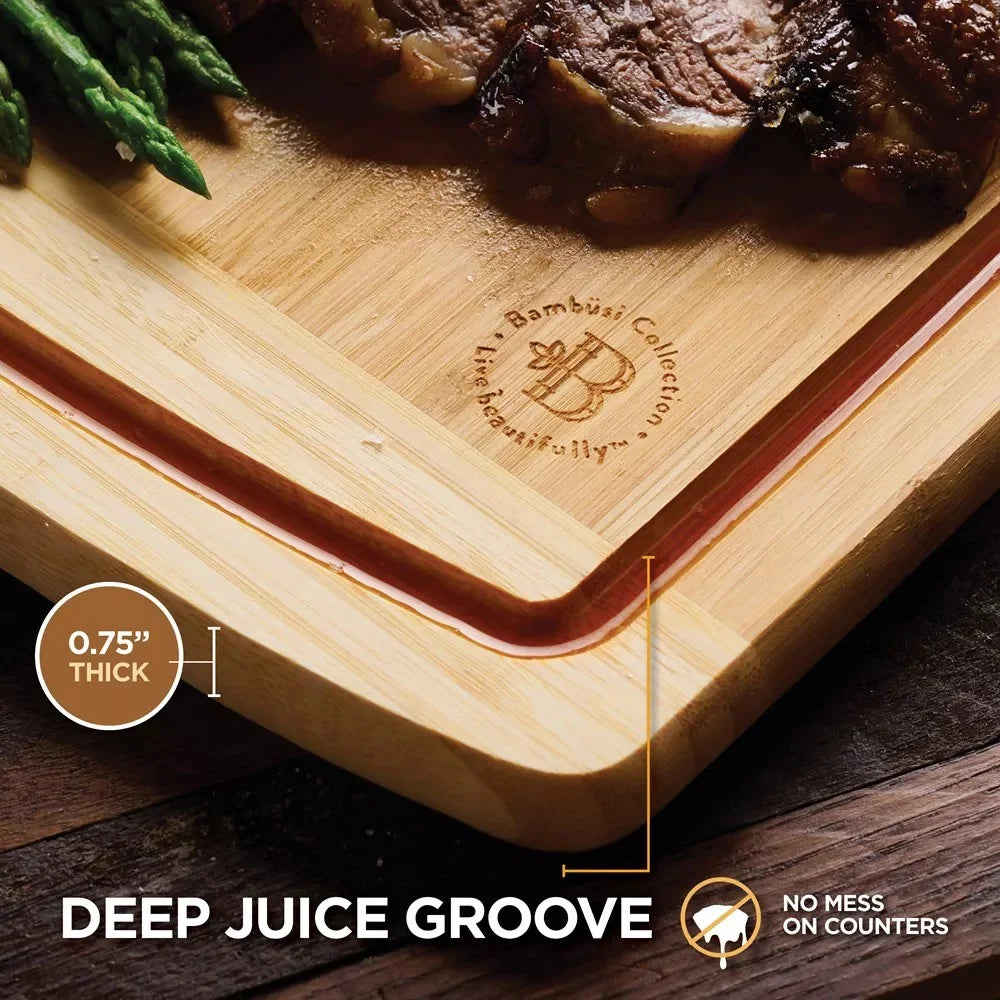 Large bamboo cutting boards set 2 pack deep juice groove charcuterie serving tray non-slip durable kitchen chopping