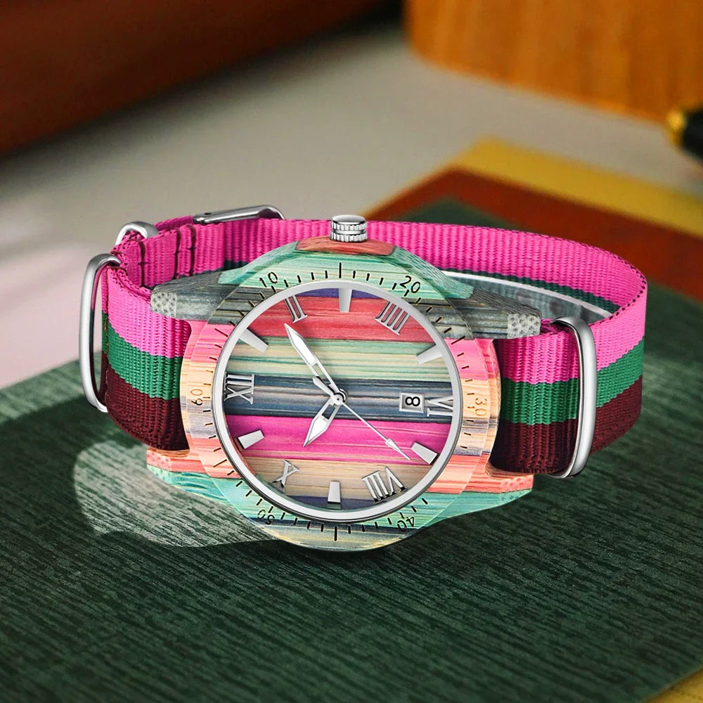 Elegant colorful bamboo wood quartz women’s watch fashionable color band 2024 lover gift wristwatch