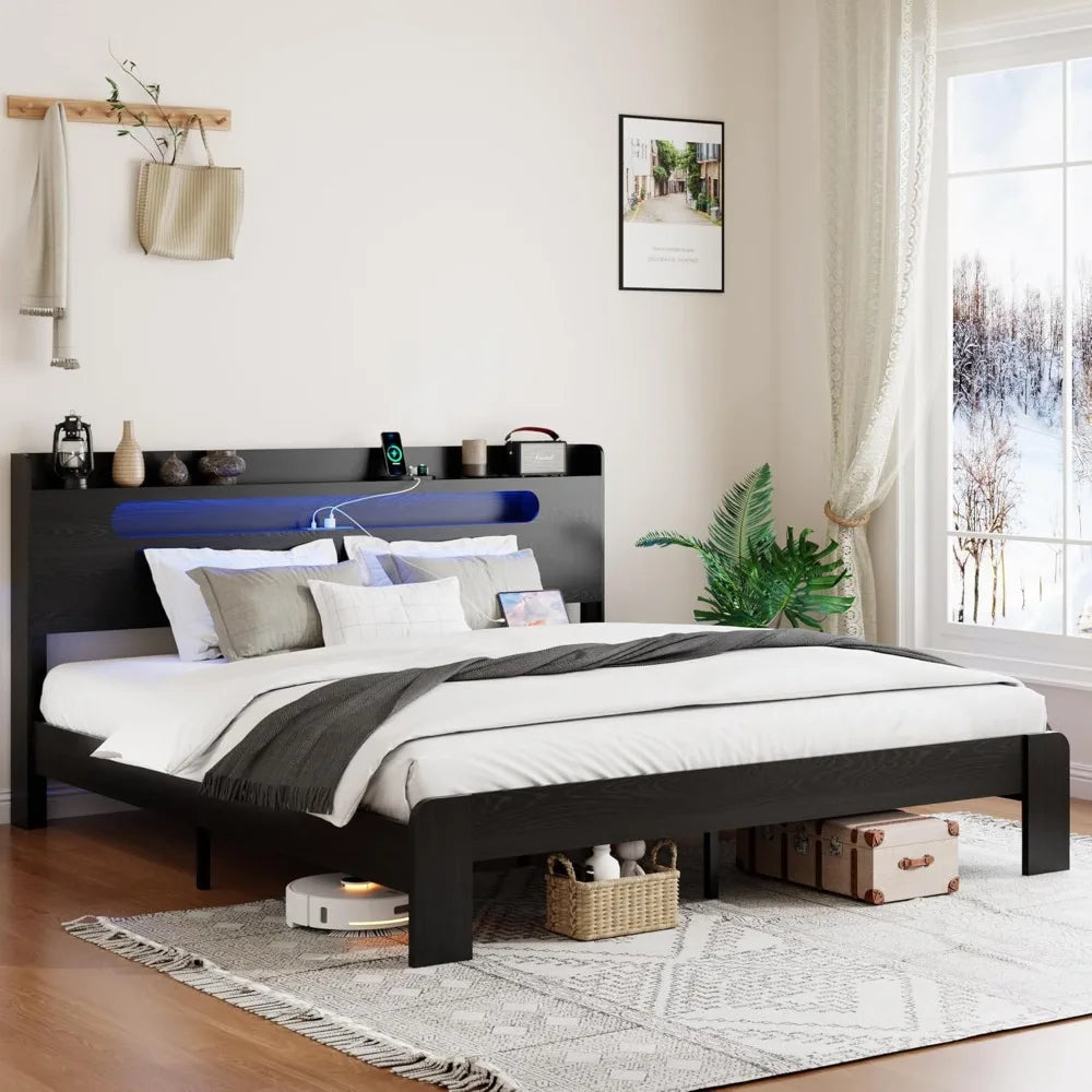 Wooden queen size bed frame with storage headboard farmhouse platform bedframe charging station & led lights