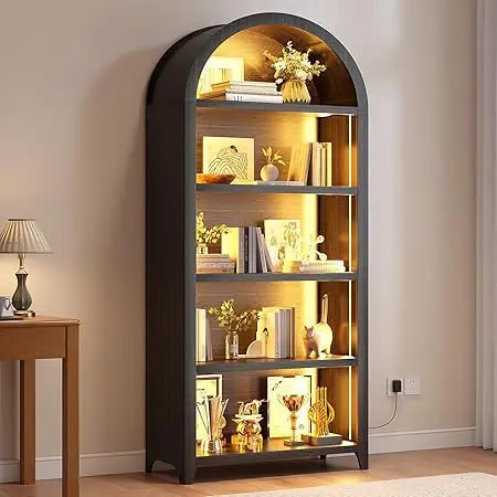 Arch bookcase - 5 layers bookshelf with 3 colors led sensor lights and thickened wooden design display shelf for lego