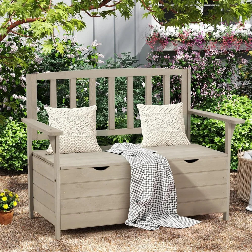 Outdoor storage bench wooden garden weatherproof patio benches for outside 2-seat front porch park - standard