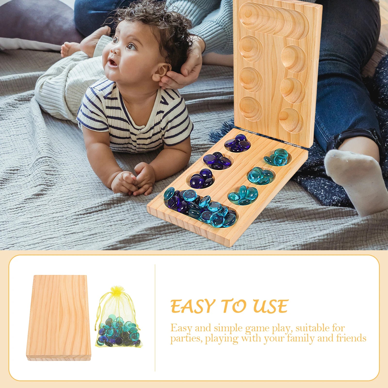 1 set mancala board game toy foldable wooden gemstone chess thinking puzzle parent-child interactive