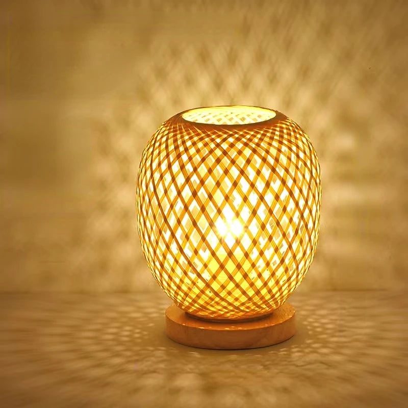 Led table lamp wood bamboo light dimmable rattan lampshade plug bedroom bedside night home decor