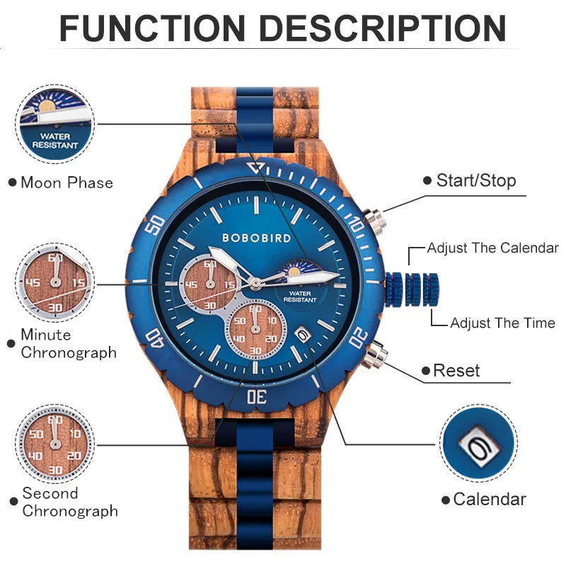 Bobo bird men’s watches wood & stainless steel combined wristwatch chronograph auto-date clock with gift box