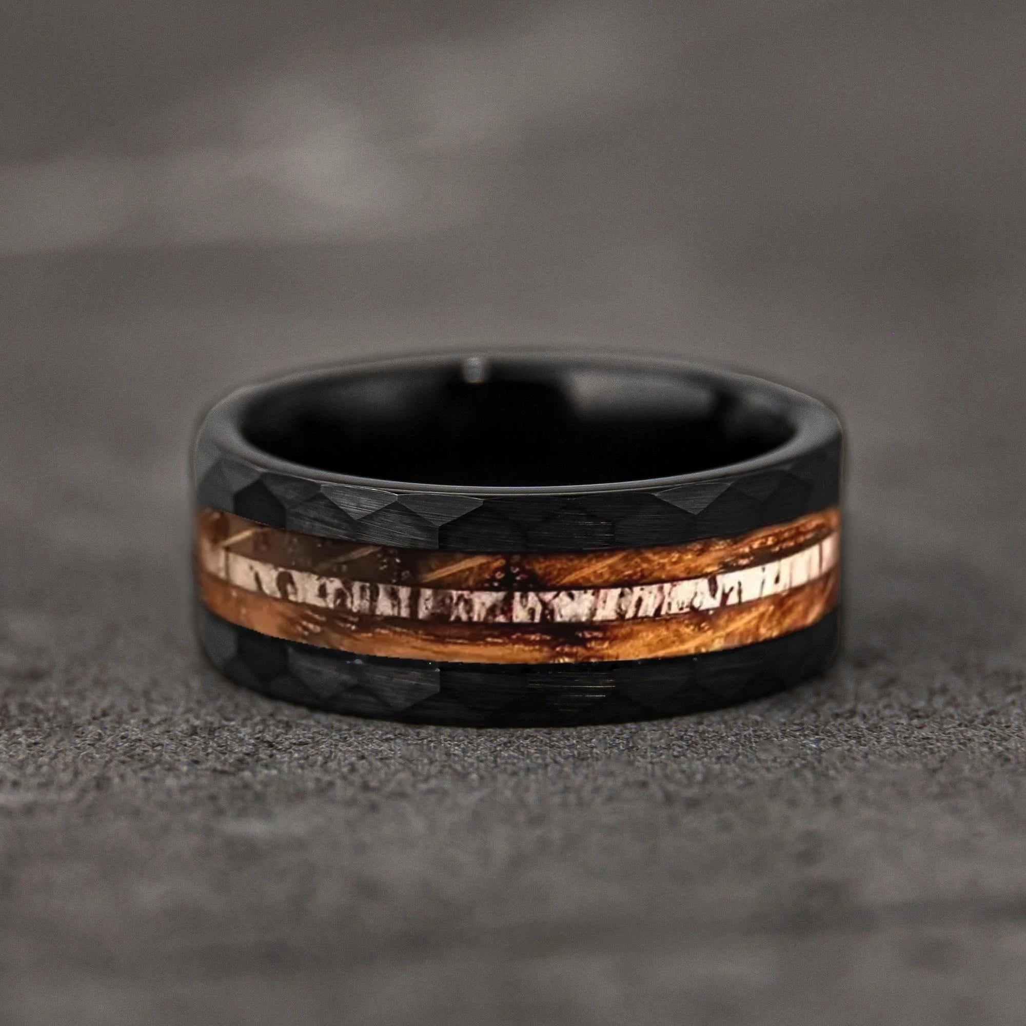 Fashion 8mm rose gold color stainless steel koa wood rings for men inlay colorful abalone shell wedding band jewelry