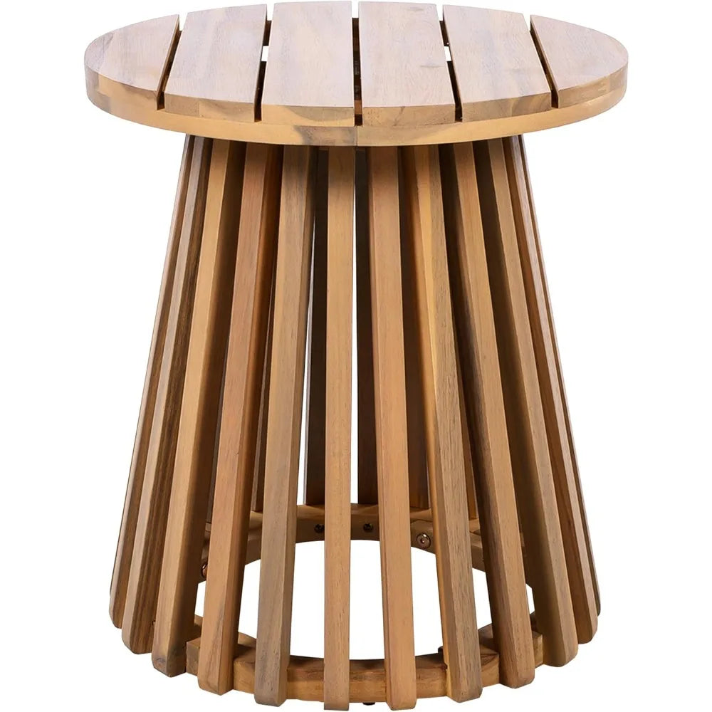 Acacia wood round patio coffee table with unique wooden base suitable for backyard and stylish indoor outdoor
