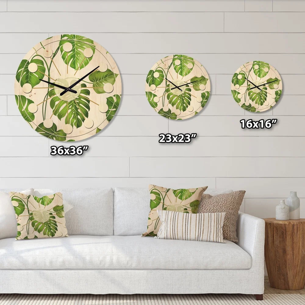 Mid century modern wood wall clock tropical leaves art print ready to hang natural pine unique home decor battery