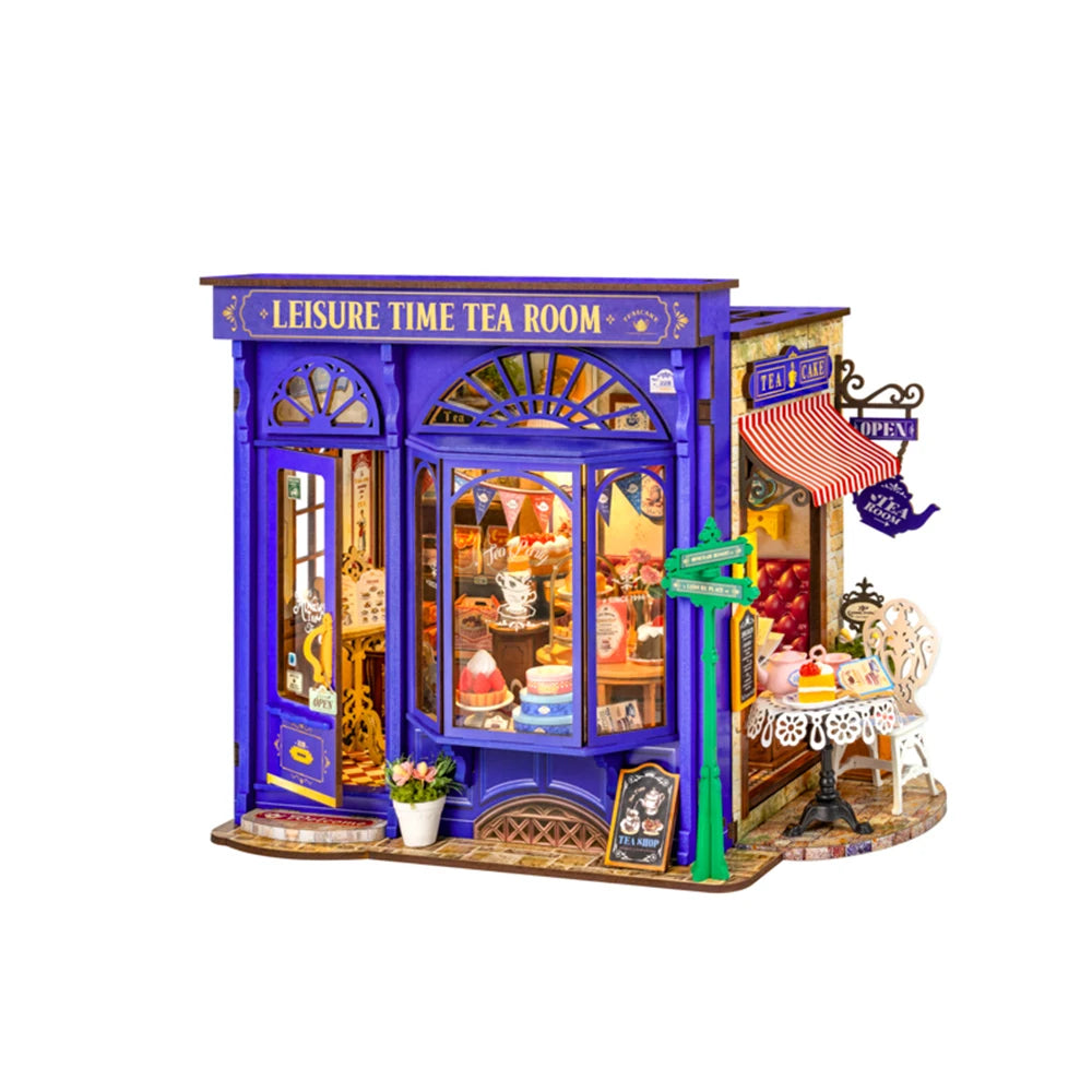 Robotime rolife diy miniature leisure time tea room dollhouse 3d wooden puzzle toys precolored wood home decor for women