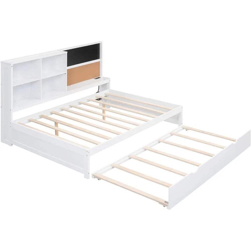 Merax full size daybed with trundle wood frame storage shelves blackboard cork board and usb ports white - united