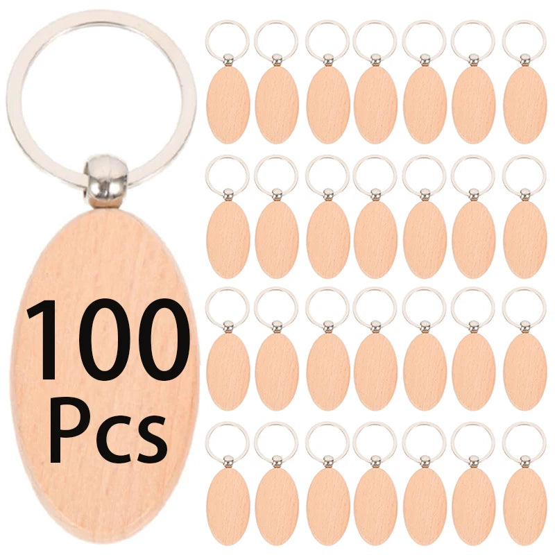 100pcs wood keychain blanks natural keychains pet tags name luggage - oval - key chain