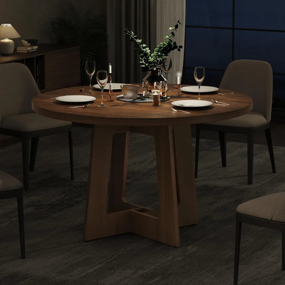 Farmhouse style wooden round dining table for 4 perfect home kitchen and living room - united states / walnut brown