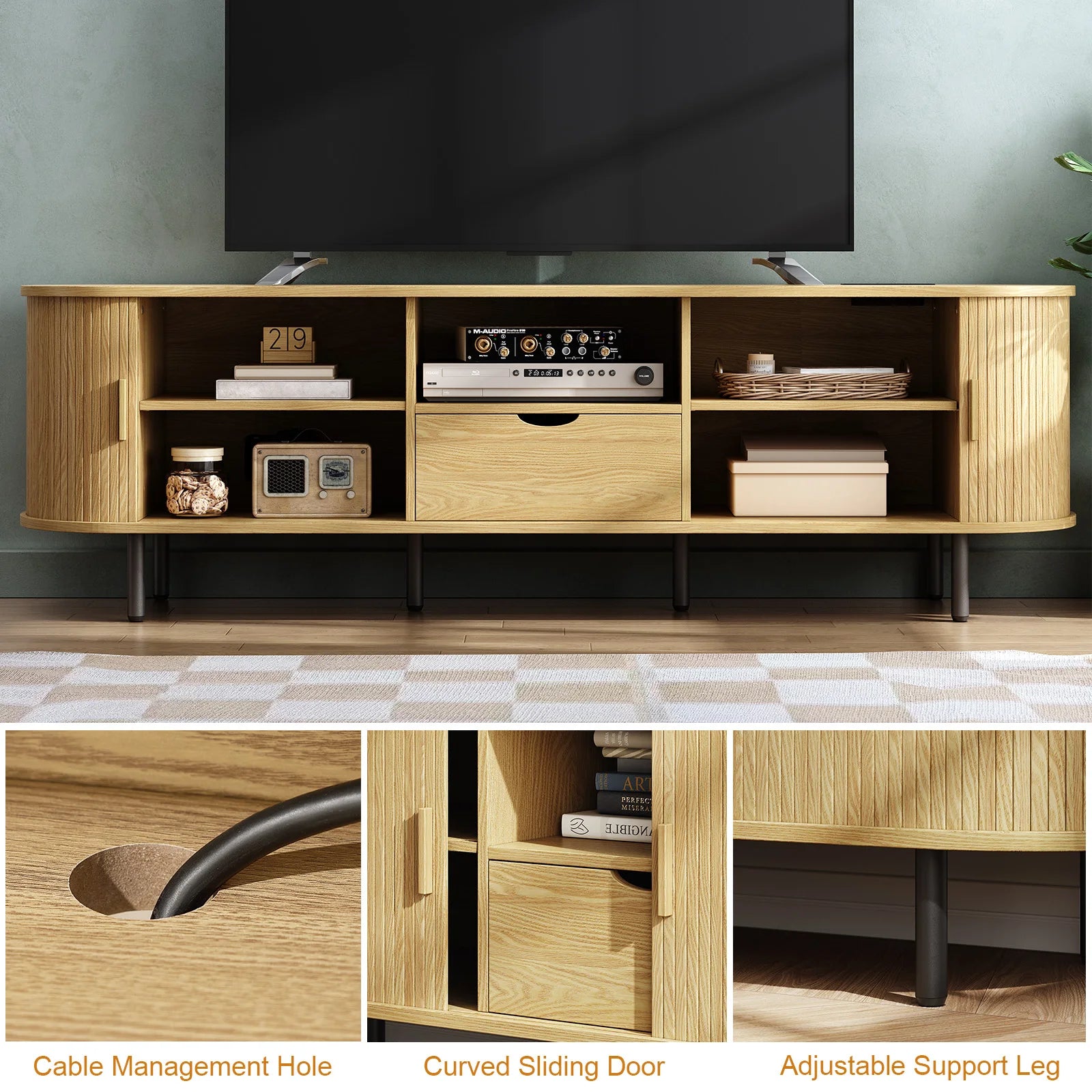 69’’ tv stand w/ power outlet for tvs up to 80’’,entertainment center storage & drawer,tv console adjustable shelves