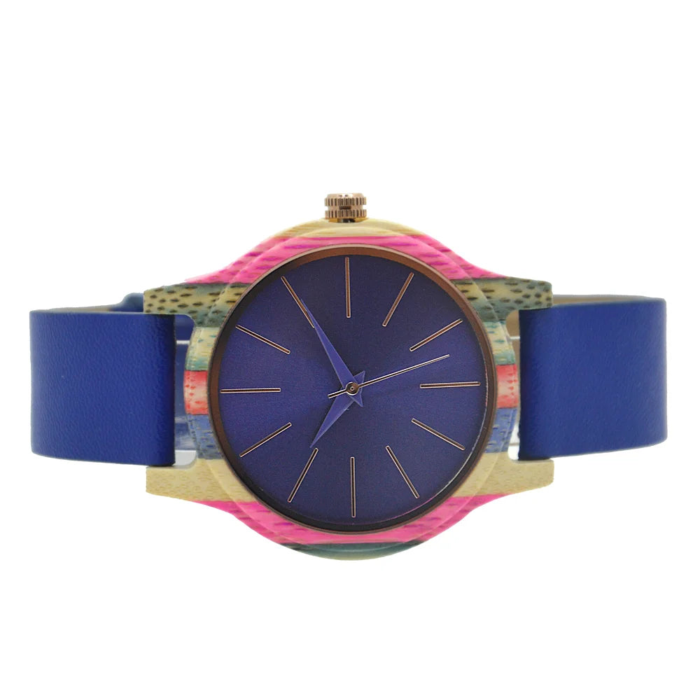 Mens womens 40mm big neutral colouful bamboo wooden watch unisex japan analog quartz leather strap casual watches - 139