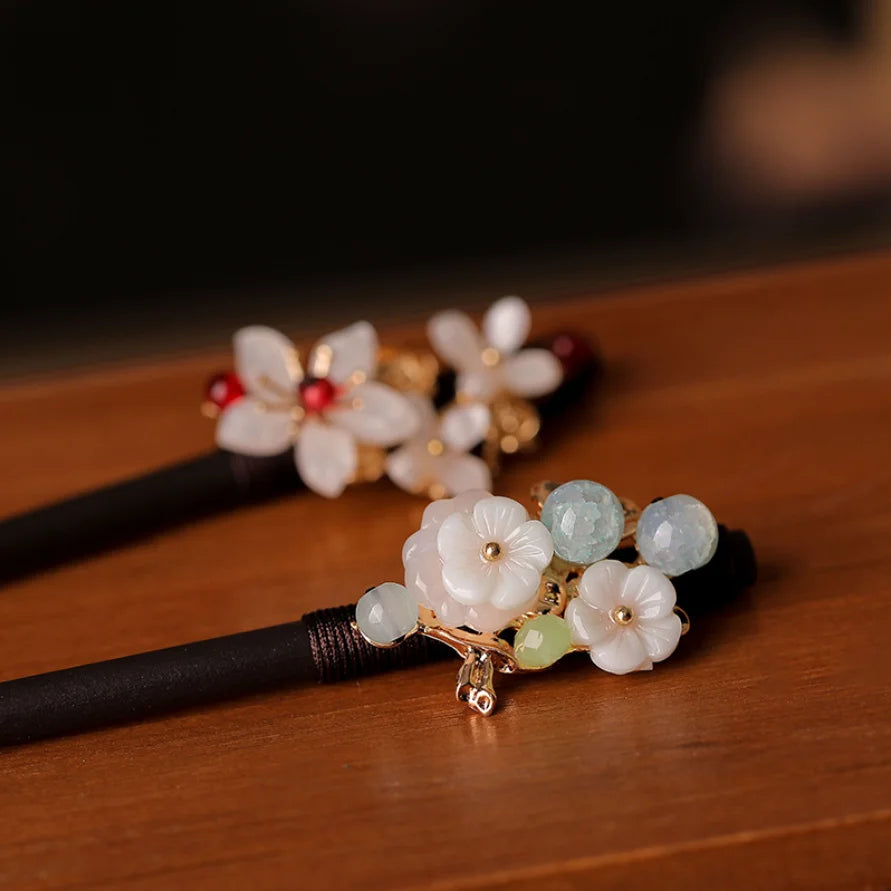 Retro flower hair forks long tassels wooden sticks pearls bead step shake chinese wedding bridal hairpins clips jewelry