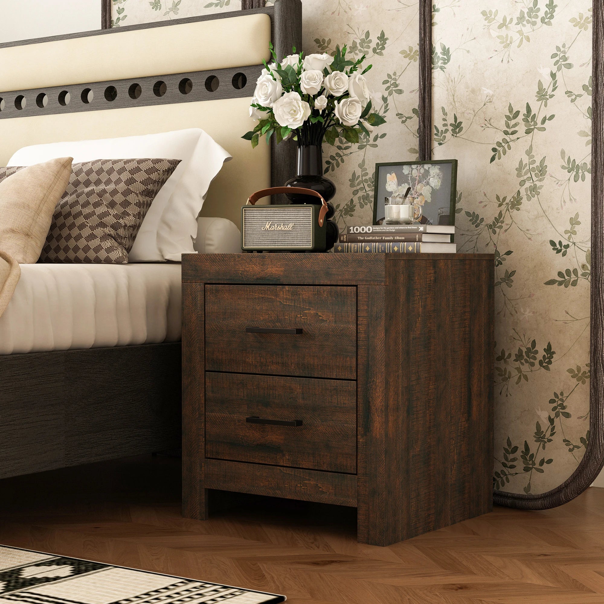 Fufu&gaga 2-drawers bedroom nightstand with spacious top bedside table metal handles for living room brown wood grain