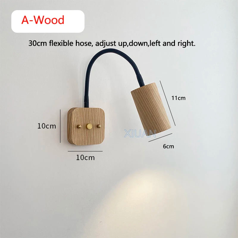 Vintage retro walnut wood color wall lights 360 degree rotatable lamp arm japanese bedroom bedside reading with switch