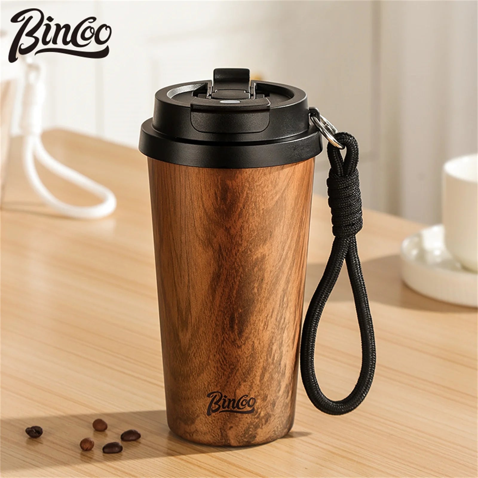 Bincoo 500ml wood grain pattern coffee thermal cup travel mug insulated vaccum portable 304 stainless steel thermos cups