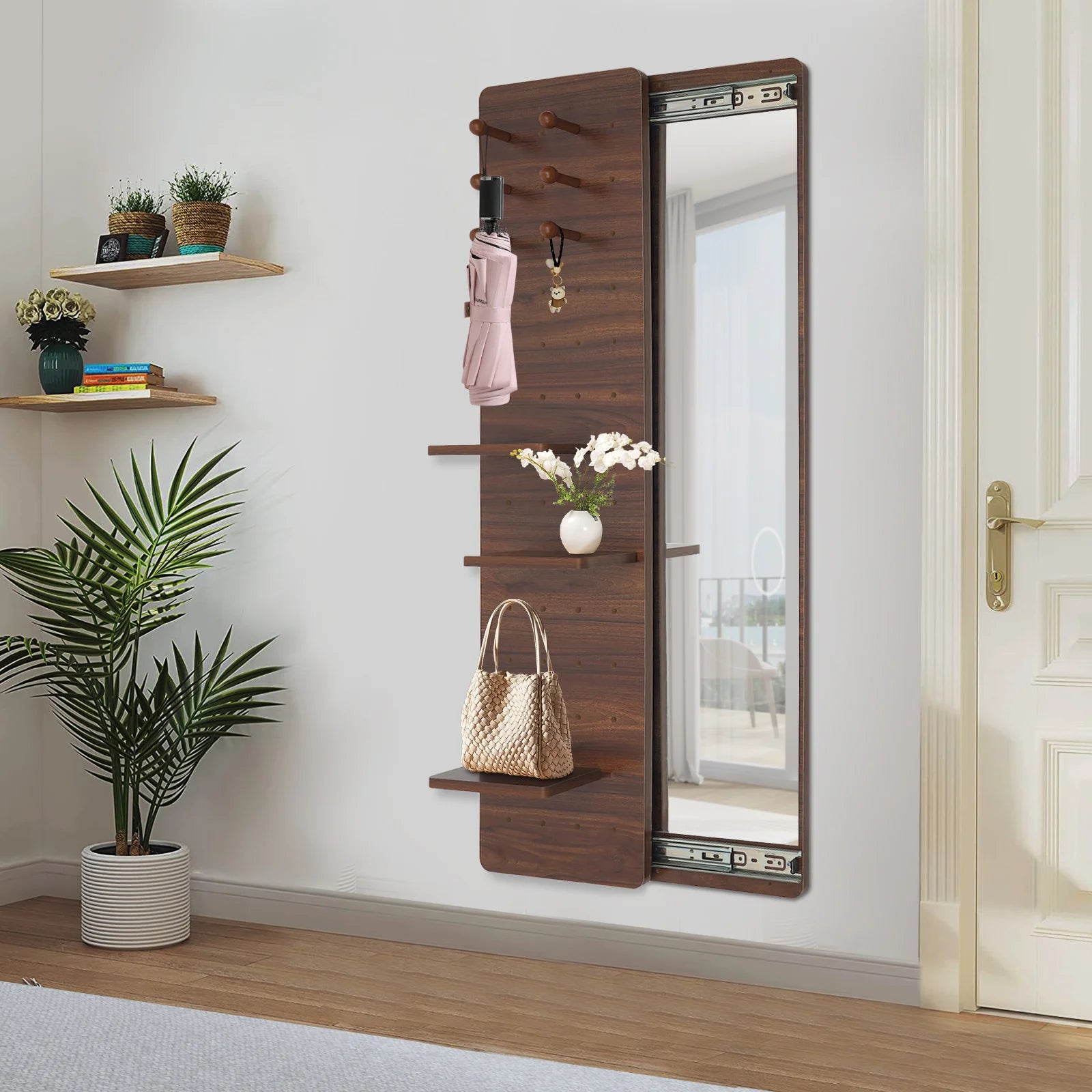 Wood full length mirror with shelf and hooks dual slide rail design multifunctional panel fitting - walnut color