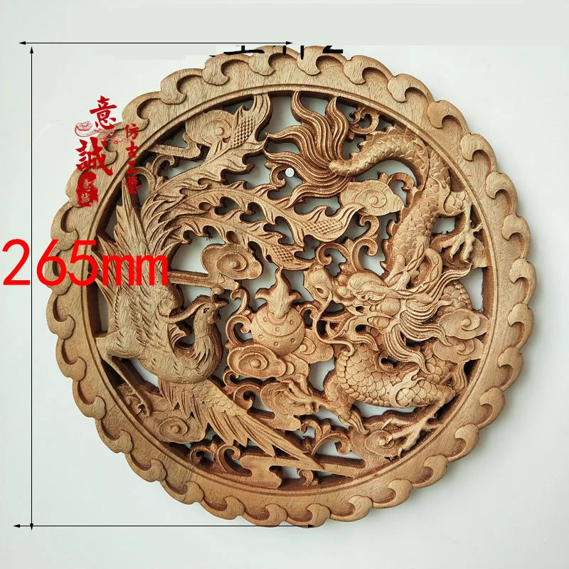 Traditional chinese woodcarving wall hanging camphor wood 3d exquisite dragon phoenix flower carving craft home