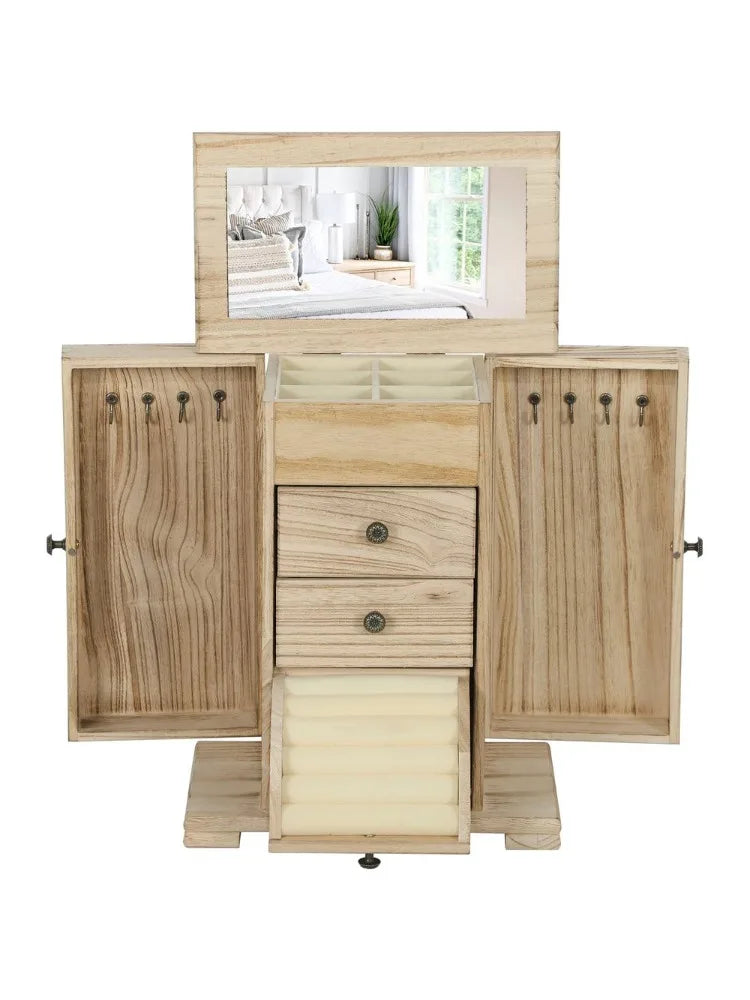 For 4-tier wooden jewelry box for women organizer with mirror and 2 drawers rings earrings necklaces brown - united