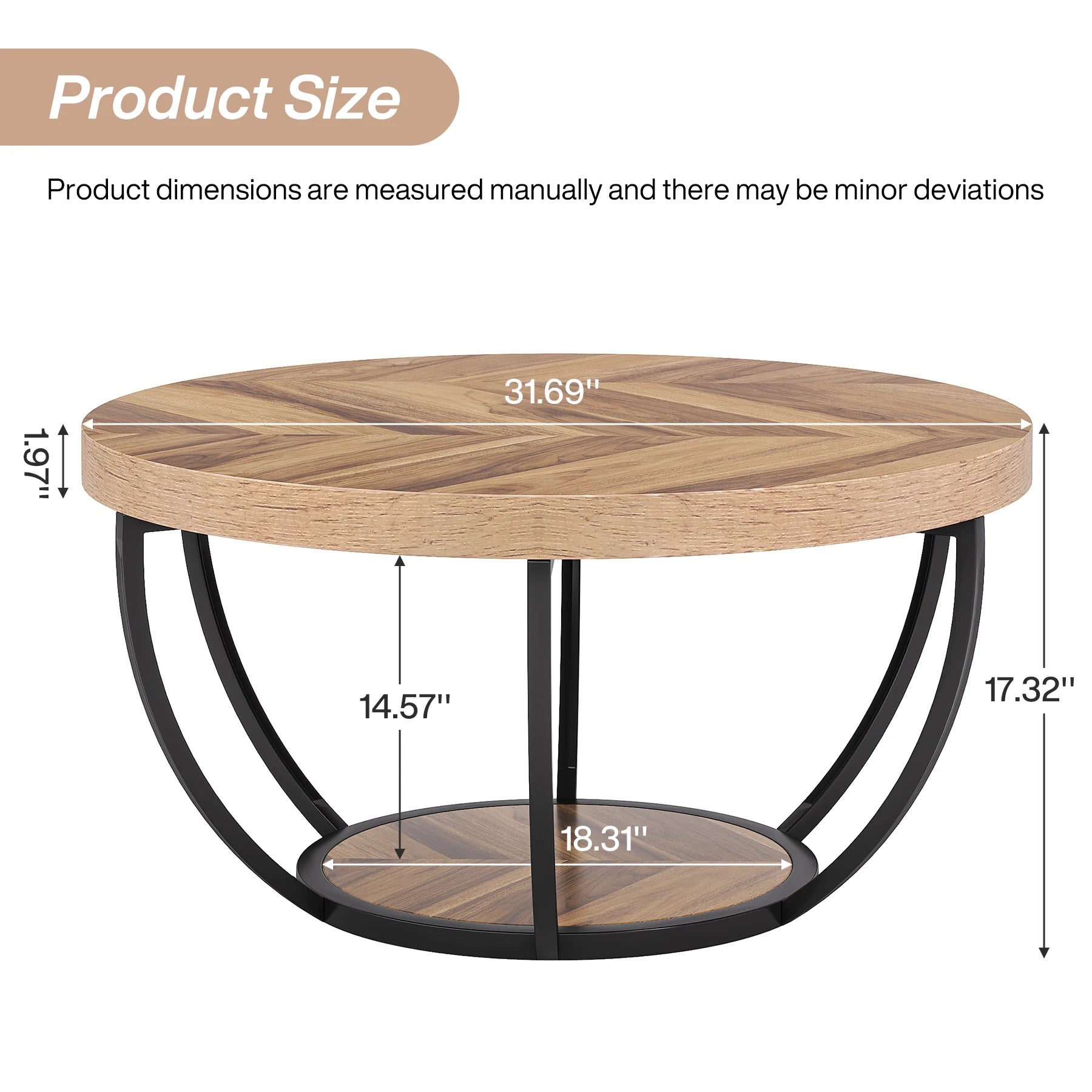 Tribesigns 31.7’’ round coffee table industrial 2-tier circle with storage shelves modern wooden accent center tab