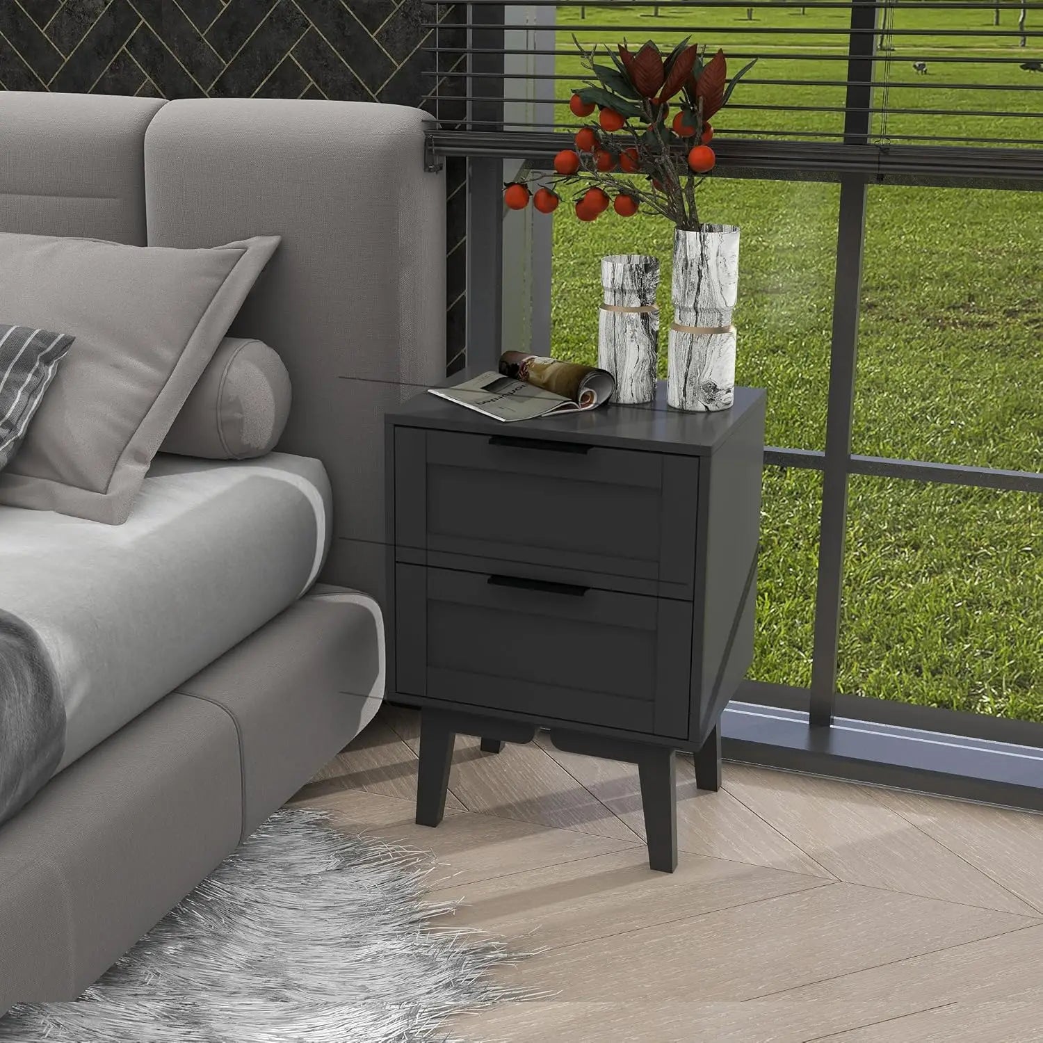 Modern black night stand with drawer mid century wooden nightstand bedside table end storage for bedroom 22 inch bed