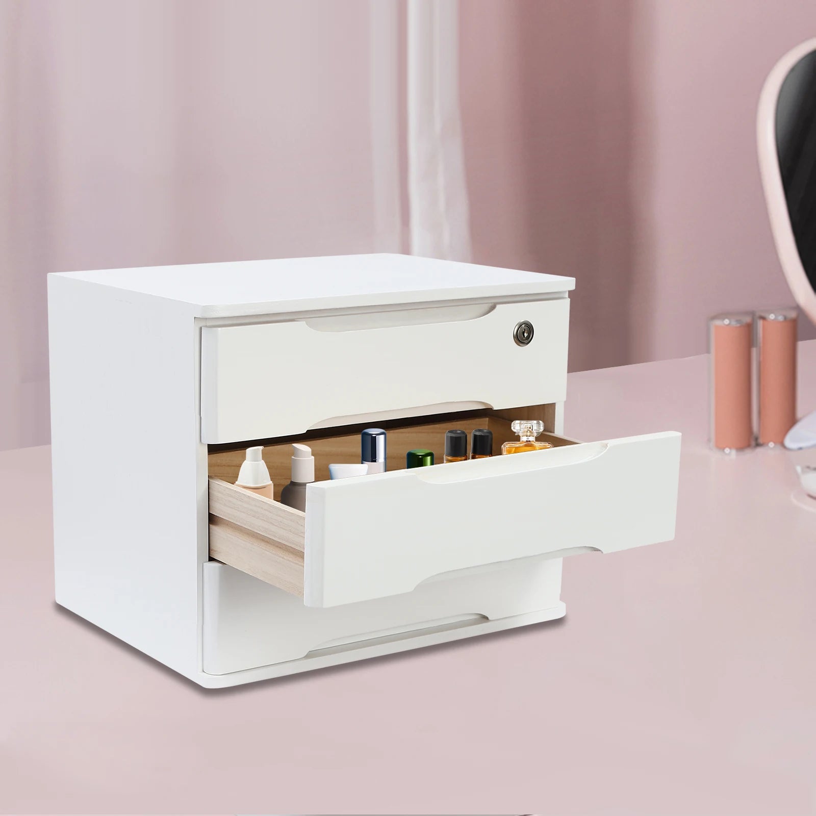 39*30*31cm 3-tier organizer wood desk with 3 drawers lockable desktop countertop storage cabinet for home office white