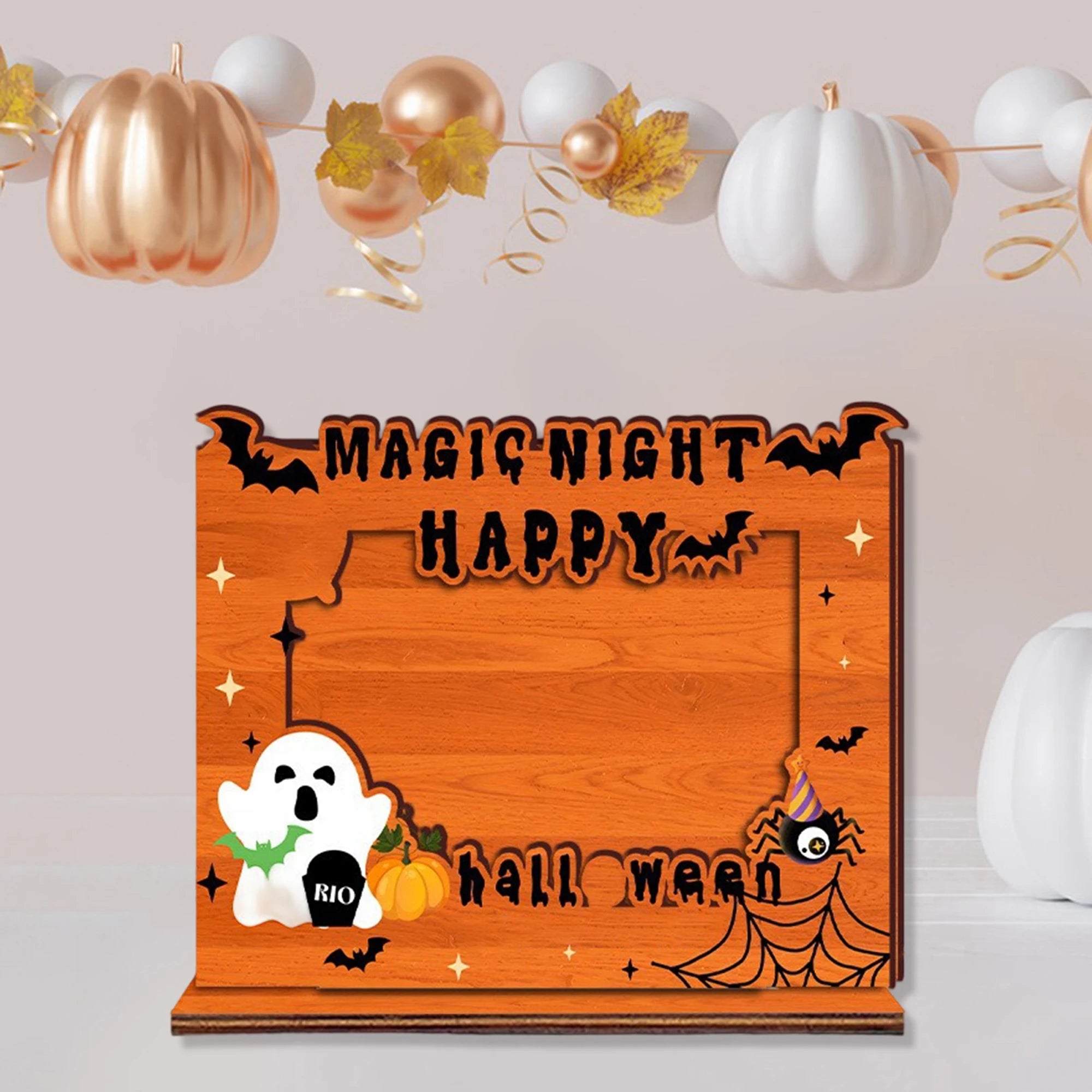Spooky halloween wooden picture frame with festive holiday decorations for tabletop display in living room or home