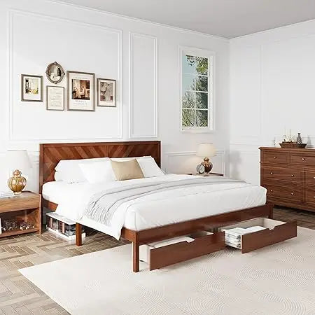 Flexispot solid wood king bed frame elegant herringbone headboard storage drawers 750 lbs capacity mid-century modern