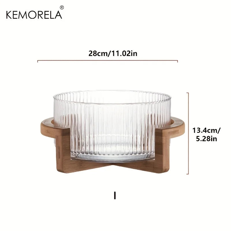 Kemorela striped glass bowl with wooden stand scratch-resistant round salad fruit dessert display for living room - 28cm
