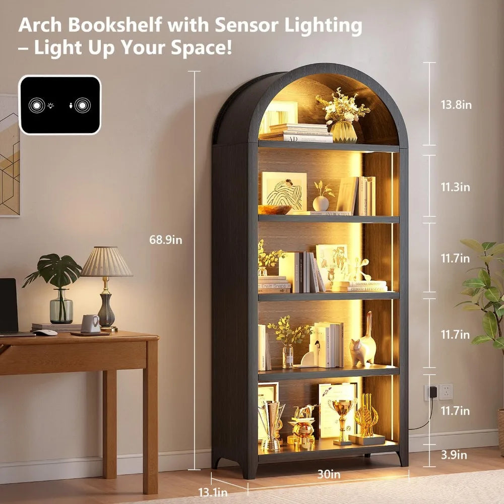 Arch bookcase - 5 layers bookshelf with 3 colors led sensor lights and thickened wooden design display shelf for lego