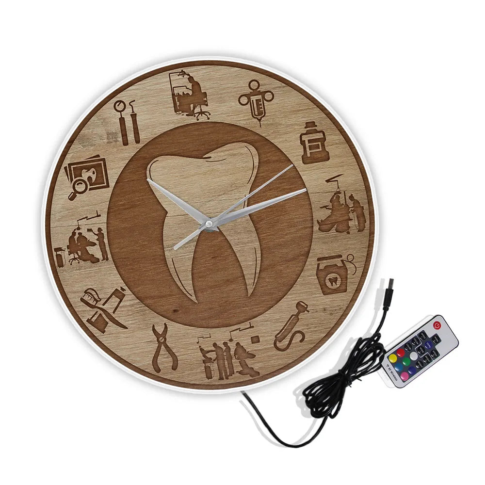 Dental design wood texture acrylic print wall clock silent move watch dentist clinic decor orthodontics art hygienist