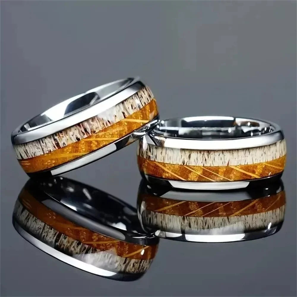 Fashion 8mm men stainless steel rings silver color brushed deer antler and koa wood for wedding band jewelry wholesale