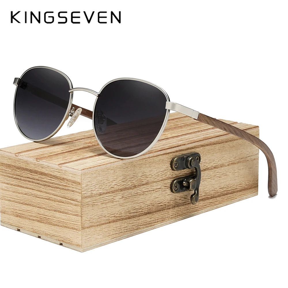 Kingseven round walnut wooden sunglasses for men polarized uv400 protection lens retro eyewear women handmade vacation