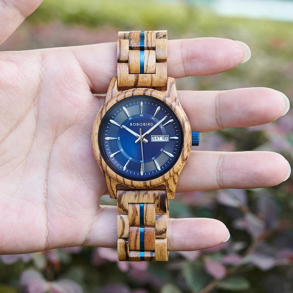 Bobo bird men’s wooden watch with blue dial – natural handmade wood wristwatch date display anniversary gift in box