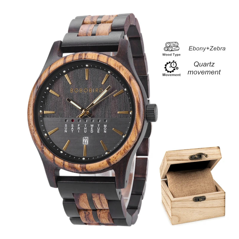 Bobo bird men’s watches niche wooden wristwatch unique quartz watch for men week & date display customized drop